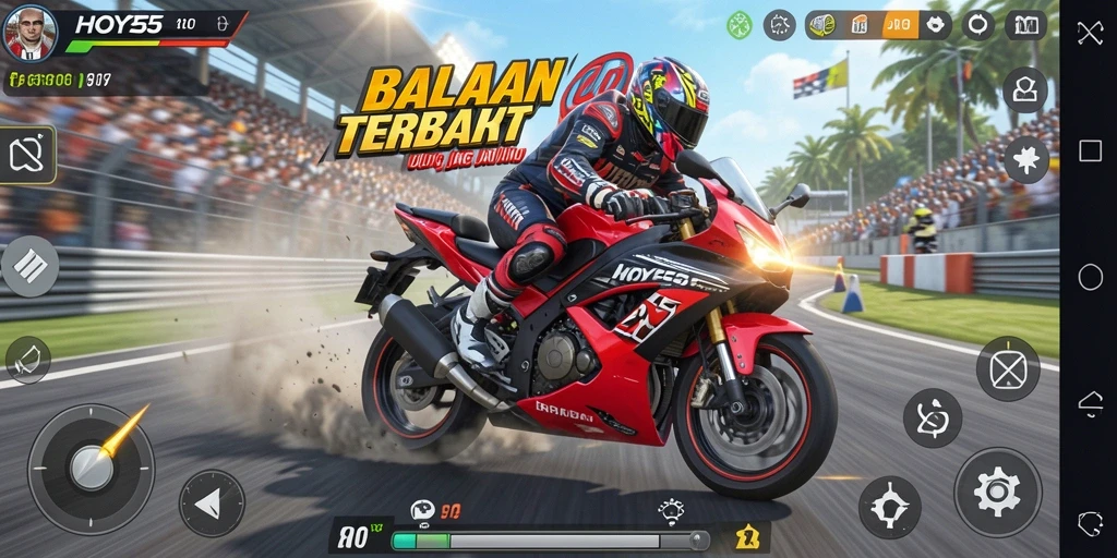 Screenshot utama HOYE55 menampilkan aksi balapan motor yang mendebarkan.